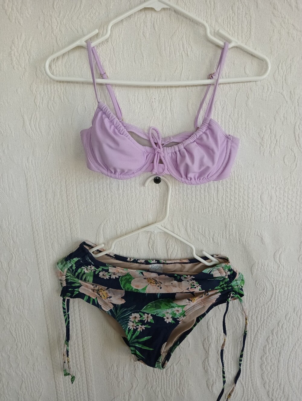 Kona Sol Lilac Tie-Front Bikini Ruched High Waist Underwire Tropical Flowers MED - Picture 15 of 15
